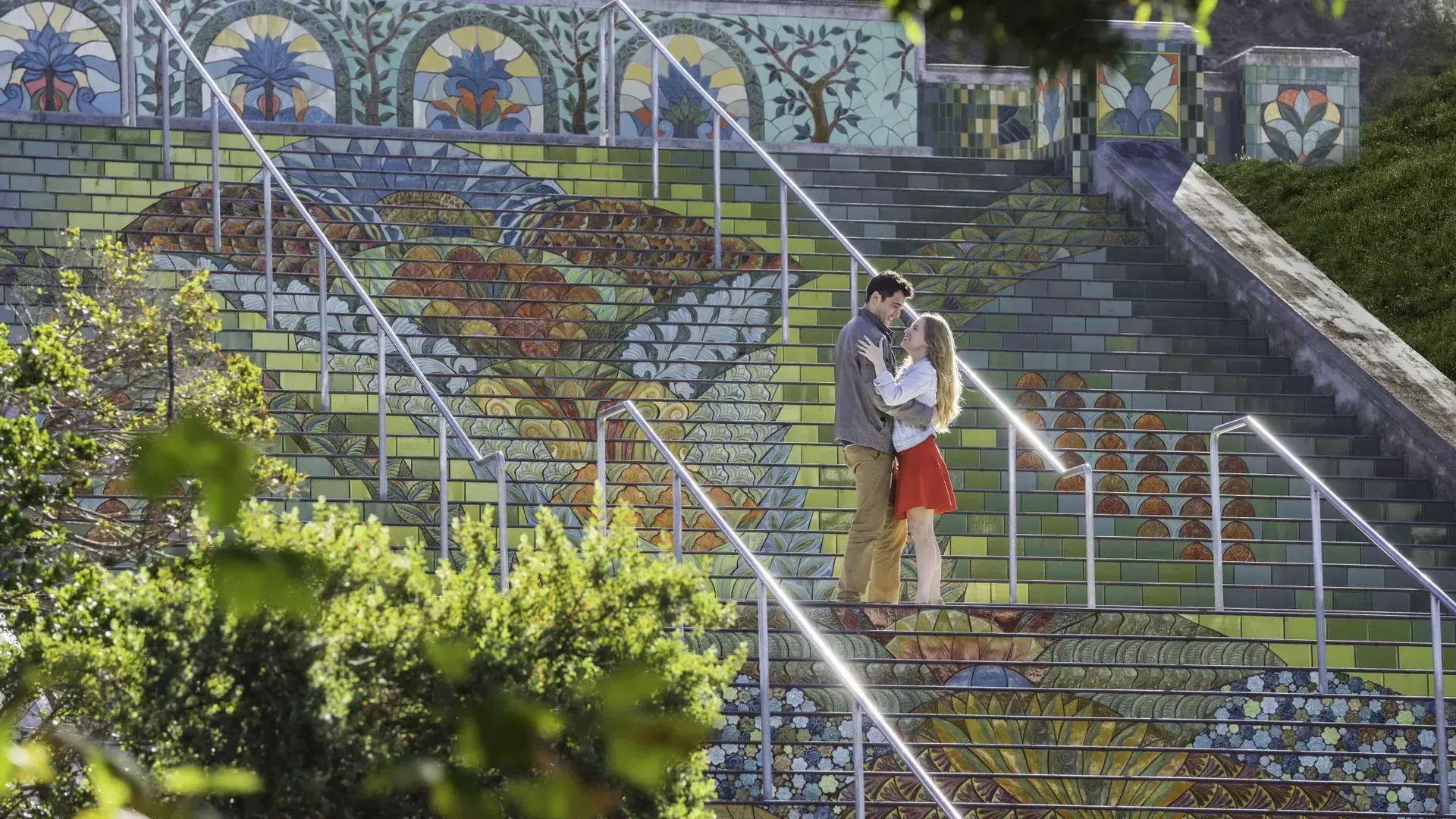 这张照片是从一对夫妇站在林肯公园彩色瓷砖台阶上的角度拍摄的