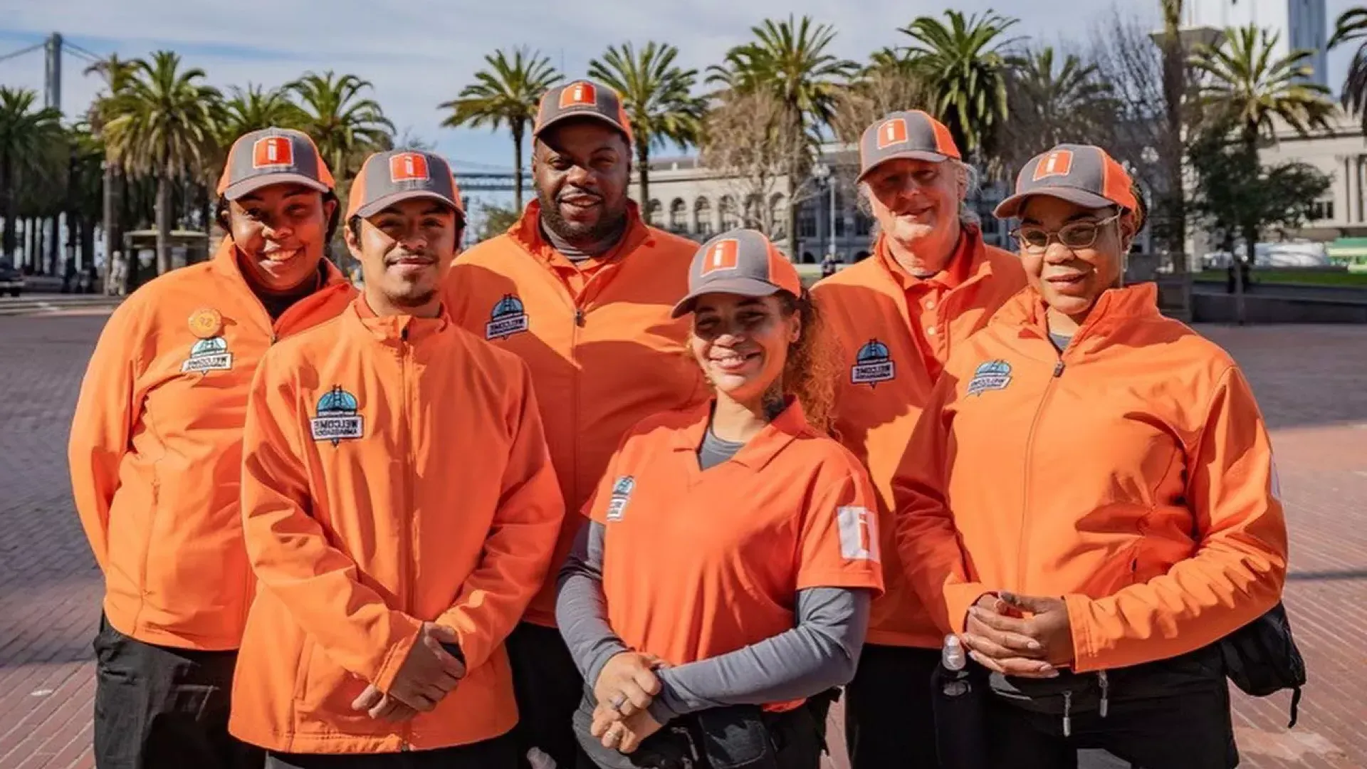 San Francisco's Welcome Ambassadors prepare to greet visitors at the Ferry Building.